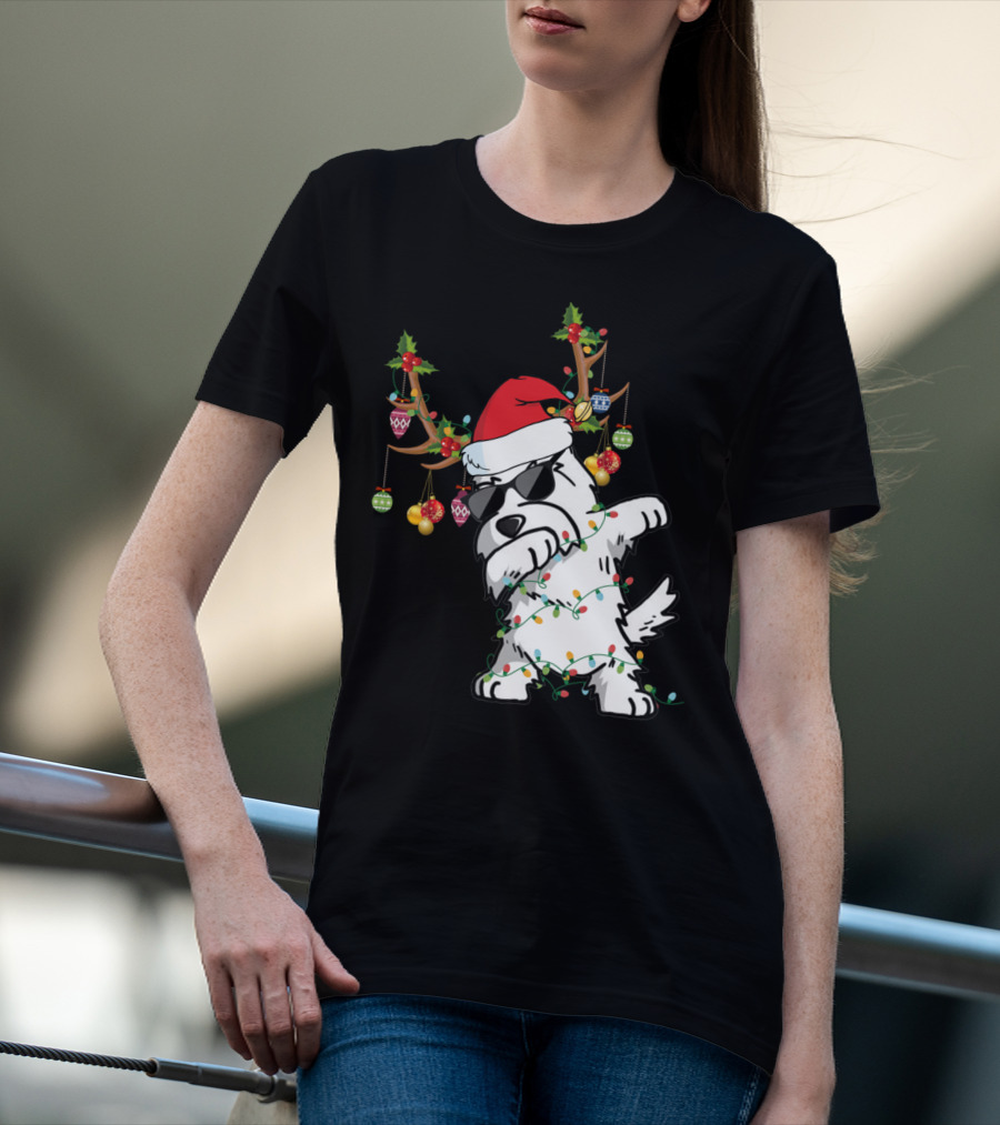 Dabbing Westie Dog Christmas Lights Santa Hat Reindeer Antlers Ornaments T-Shirt