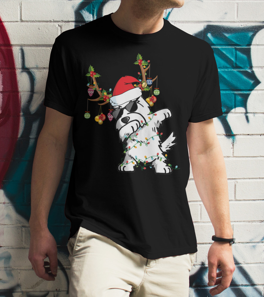 Dabbing Westie Dog Christmas Lights Santa Hat Reindeer Antlers Ornaments T-Shirt