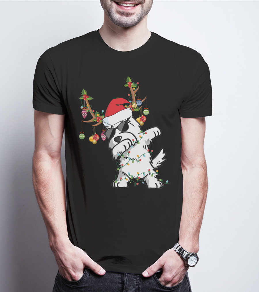 Dabbing Westie Dog Christmas Lights Santa Hat Reindeer Antlers Ornaments T-Shirt