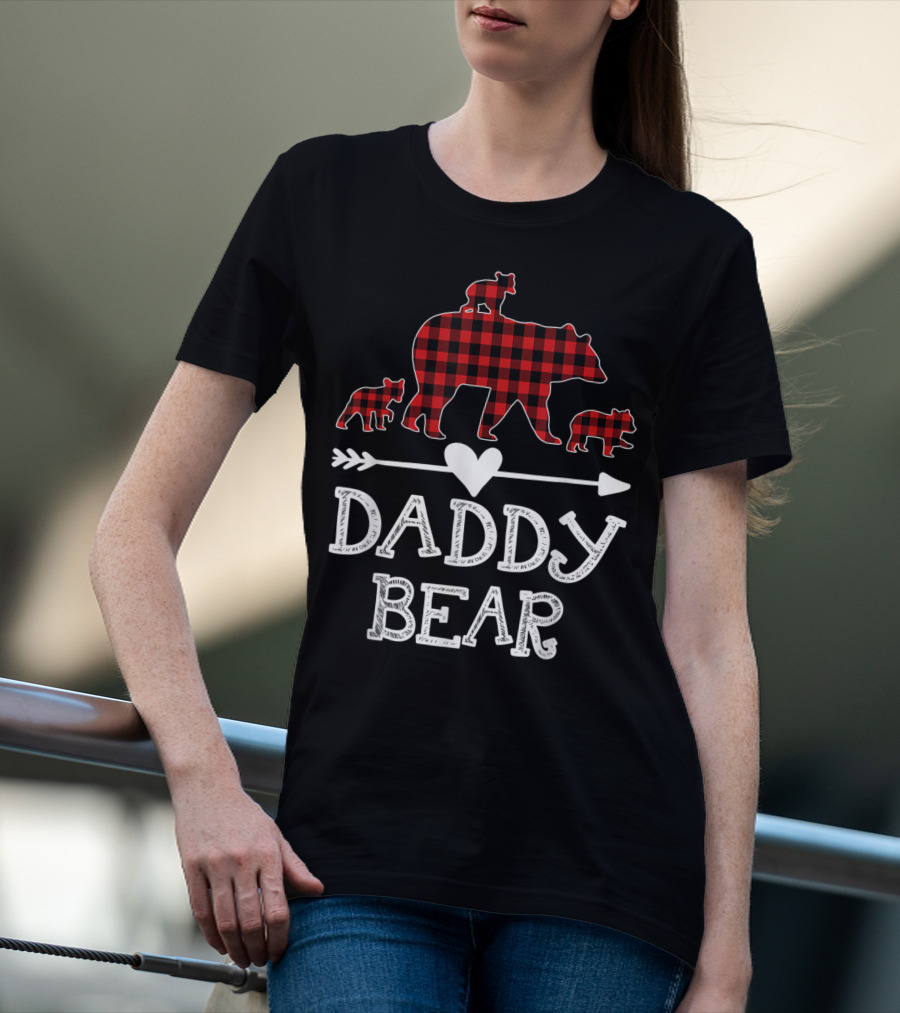 Daddy Bear Red Plaid Three Cubs Arrow Heart T-Shirt
