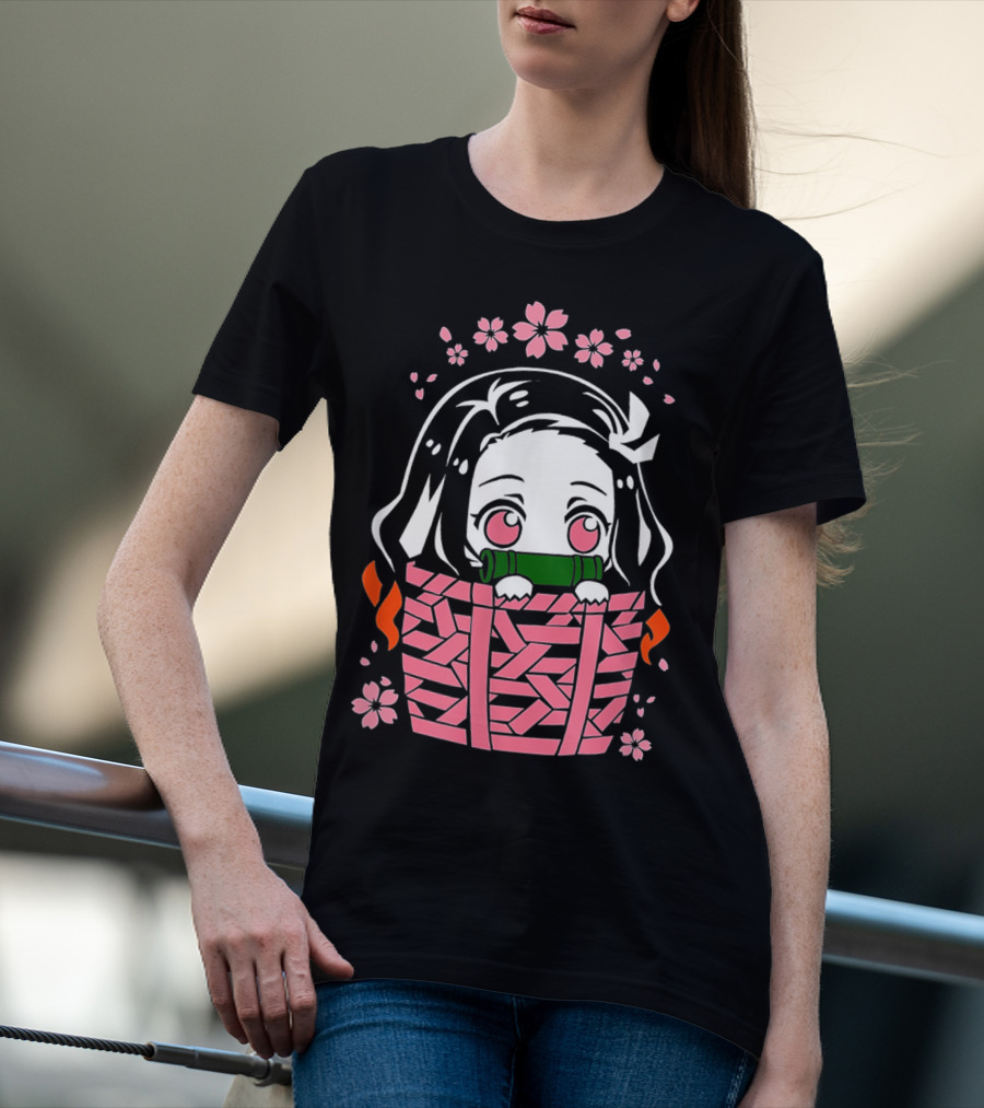 Nezuko Kamado Kawaii Chibi With Bamboo Mouthpiece And Cherry Blossoms Demon Slayer Anime T-Shirt