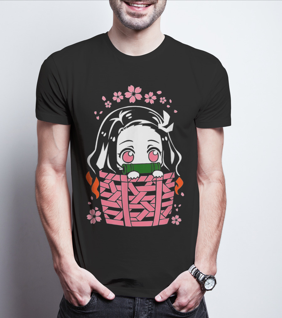 Nezuko Kamado Kawaii Chibi With Bamboo Mouthpiece And Cherry Blossoms Demon Slayer Anime T-Shirt