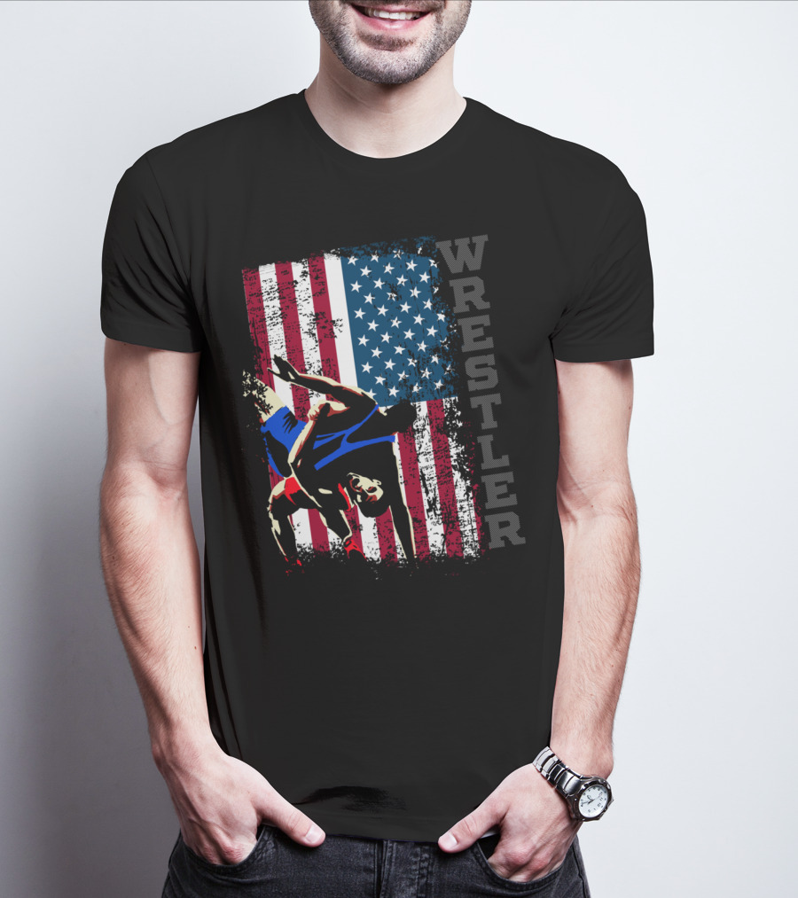 Wrestler Distressed American Flag Wrestling T-Shirt