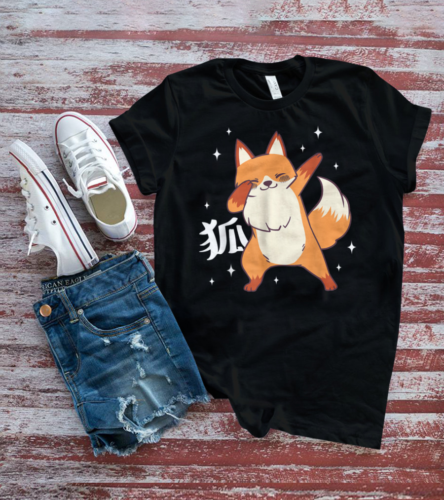 Fox Dabbing Kawaii Kitsune Japanese Kanji Stars T-Shirt