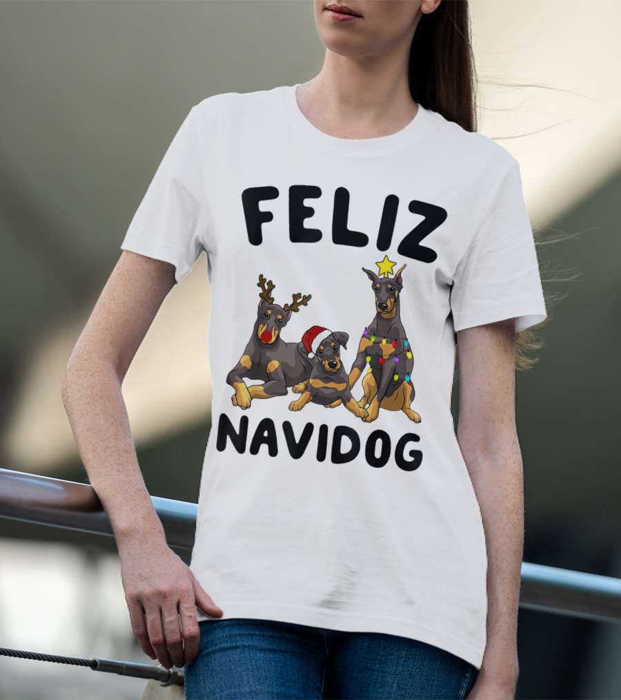 Feliz Navidog Doberman Pinscher With Reindeer Antlers Santa Hat And Christmas Lights T-Shirt