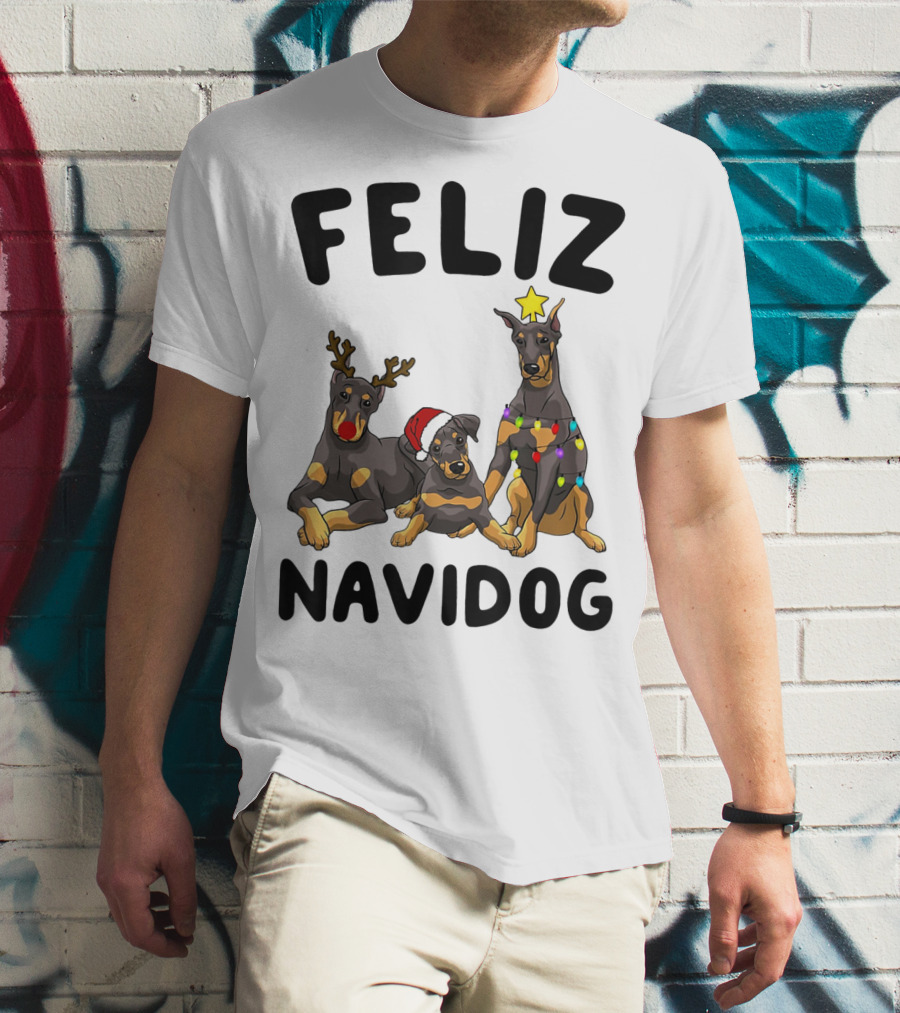 Feliz Navidog Doberman Pinscher With Reindeer Antlers Santa Hat And Christmas Lights T-Shirt