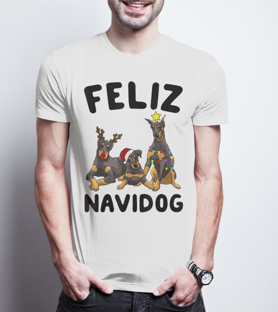 Feliz Navidog Doberman Pinscher With Reindeer Antlers Santa Hat And Christmas Lights T-Shirt
