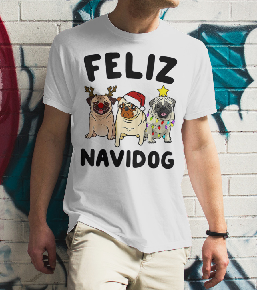Feliz Navidog Pugs Christmas Antlers Santa Hat Lights T-Shirt