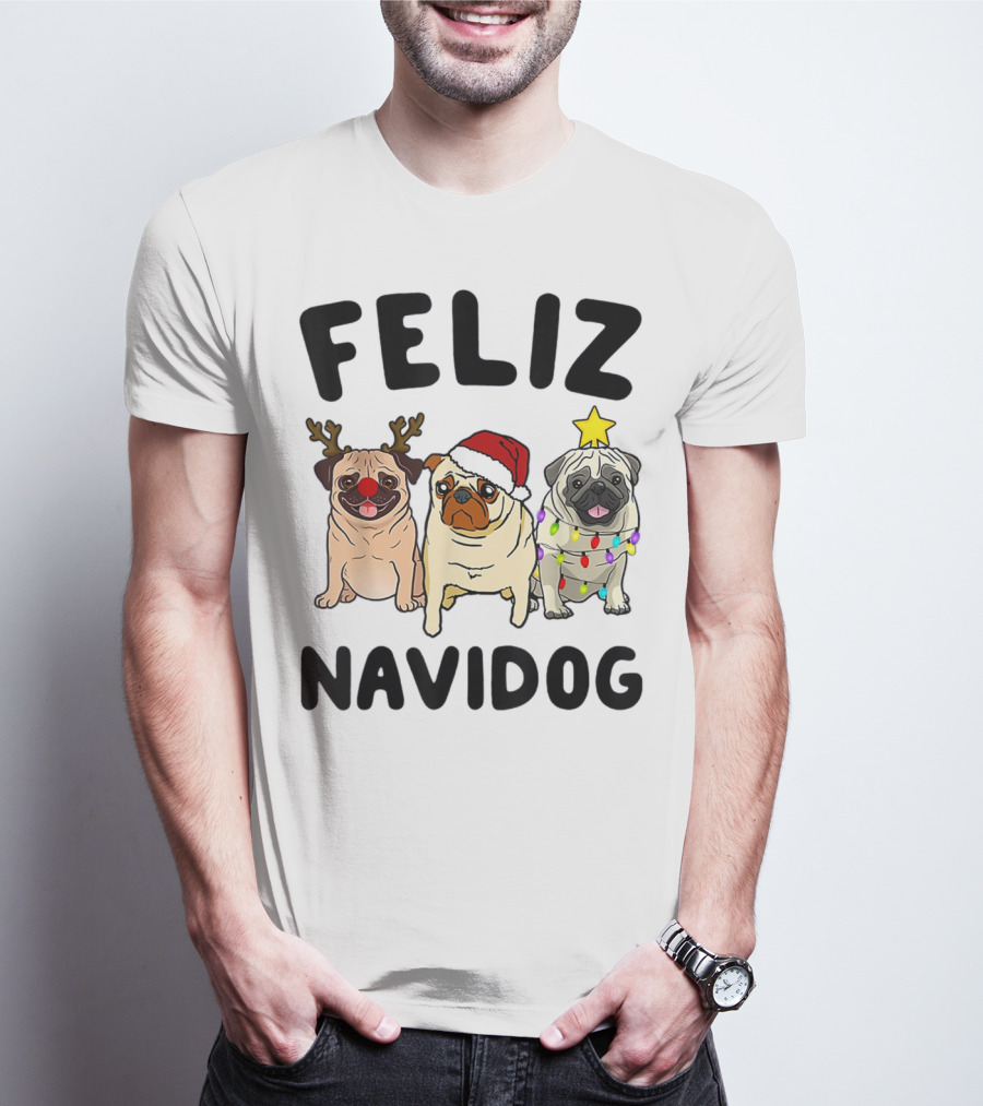 Feliz Navidog Pugs Christmas Antlers Santa Hat Lights T-Shirt