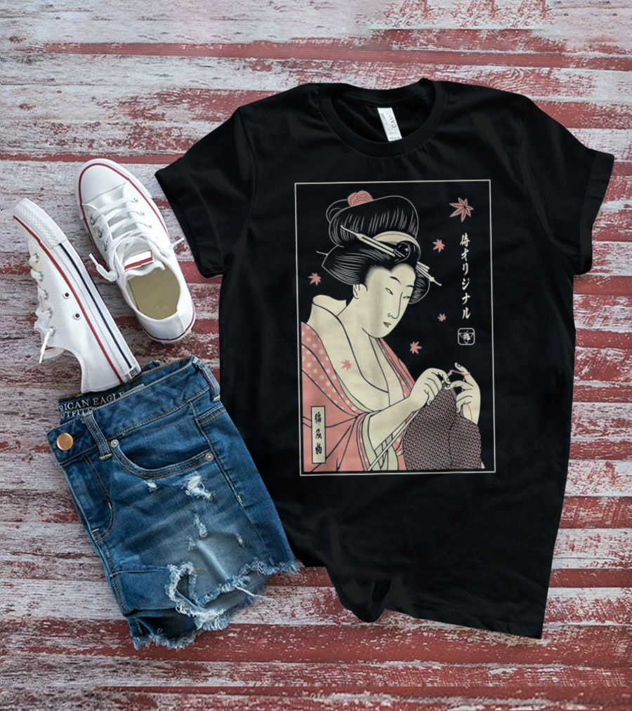 Funny Geisha Knitting Samurai Japanese Lover Ukiyo-e T-Shirt