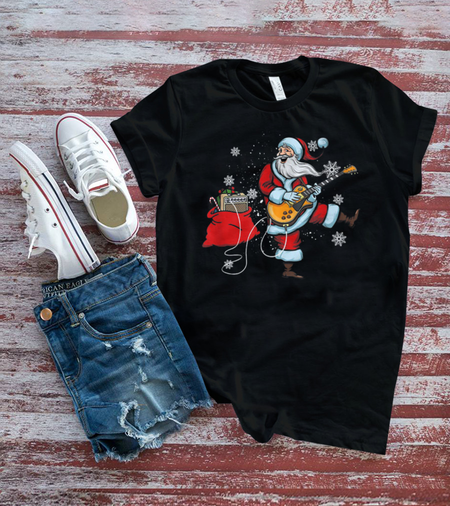 Funny Santa Playing Guitar With Snowflakes And Christmas Bag T-Shirt
