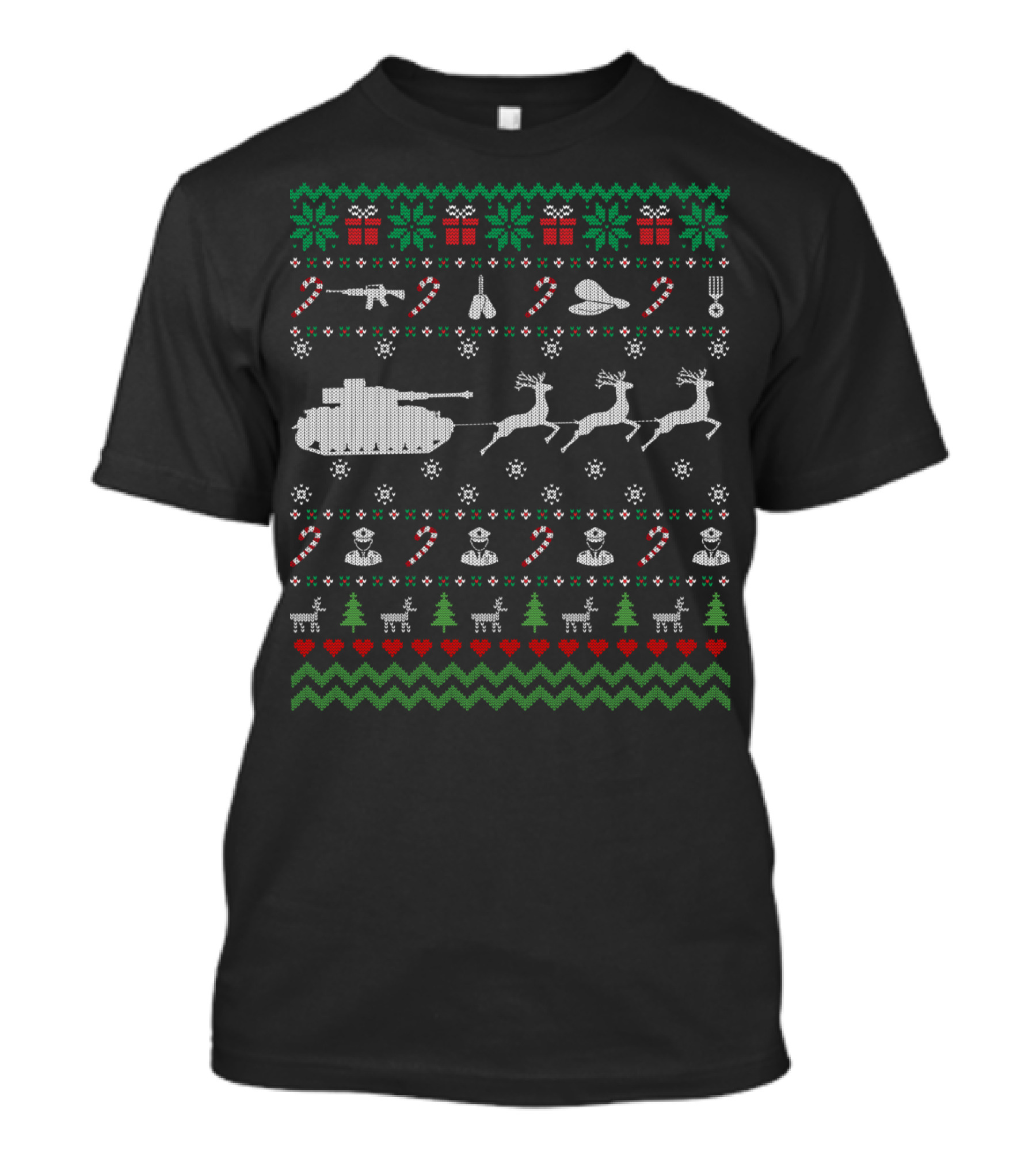 Funny Veteran Ugly Christmas Sweater With Tank Reindeer And Military Decorations T-Shirt