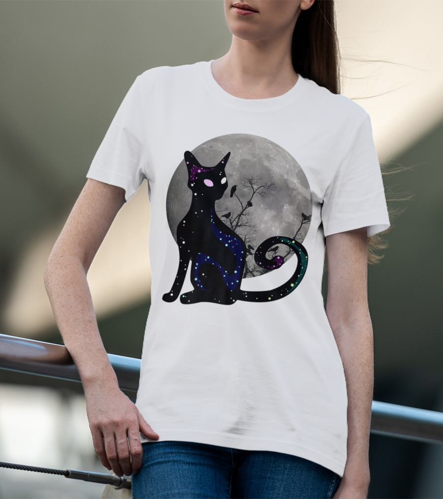 Halloween Scary Black Cat Gothic Full Moon Ravens T-Shirt