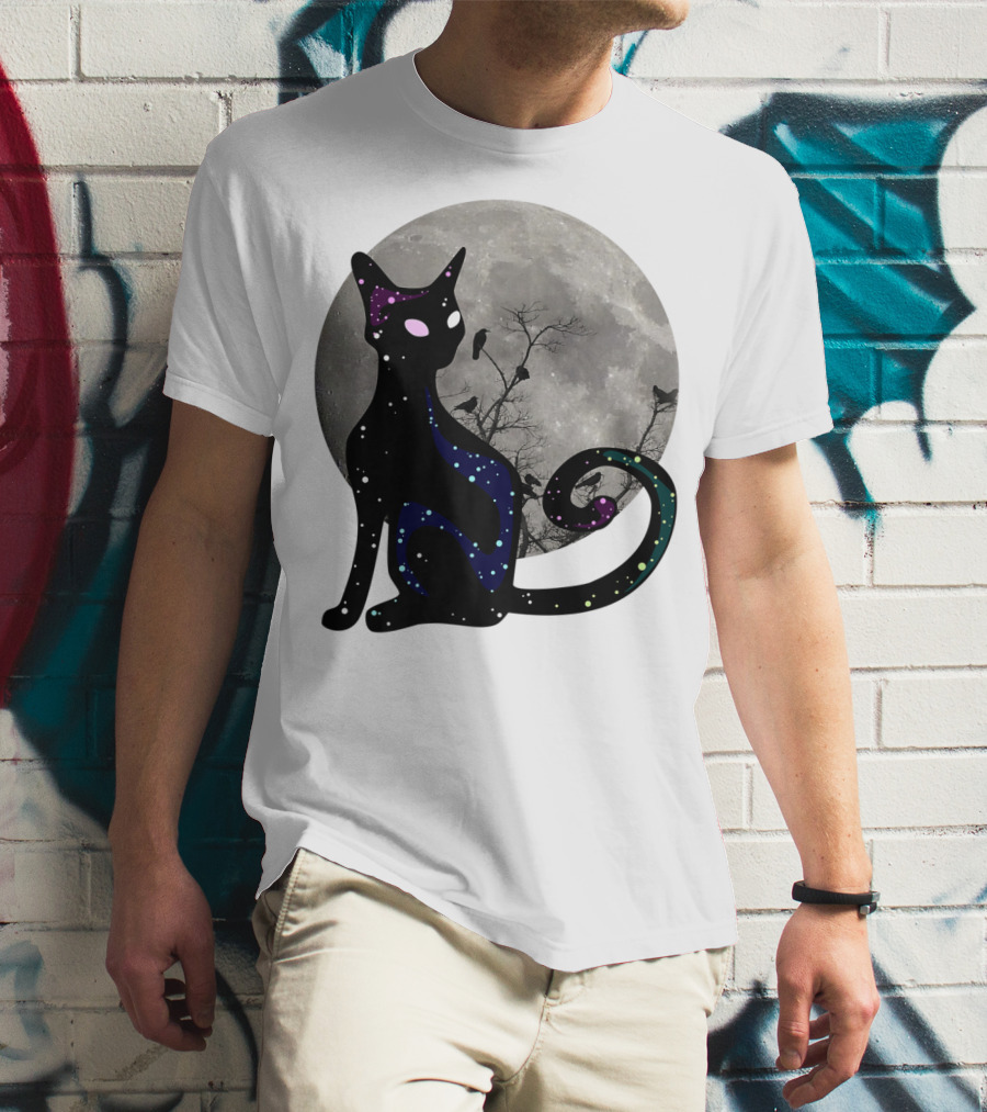 Halloween Scary Black Cat Gothic Full Moon Ravens T-Shirt