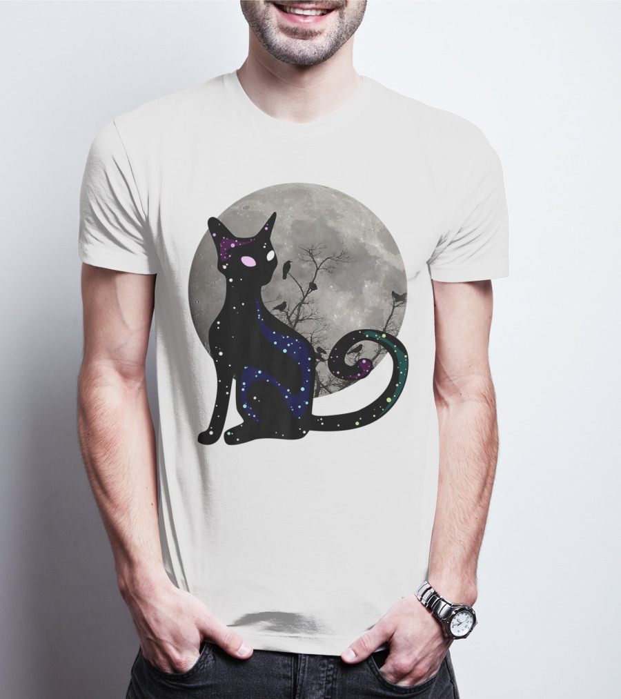 Halloween Scary Black Cat Gothic Full Moon Ravens T-Shirt