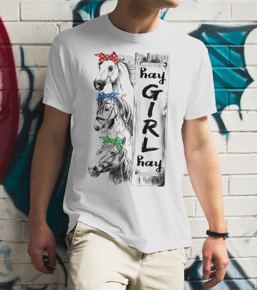 Hay Girl Hay Three Horses With Red Blue Green Polka Dot Ribbons T-Shirt