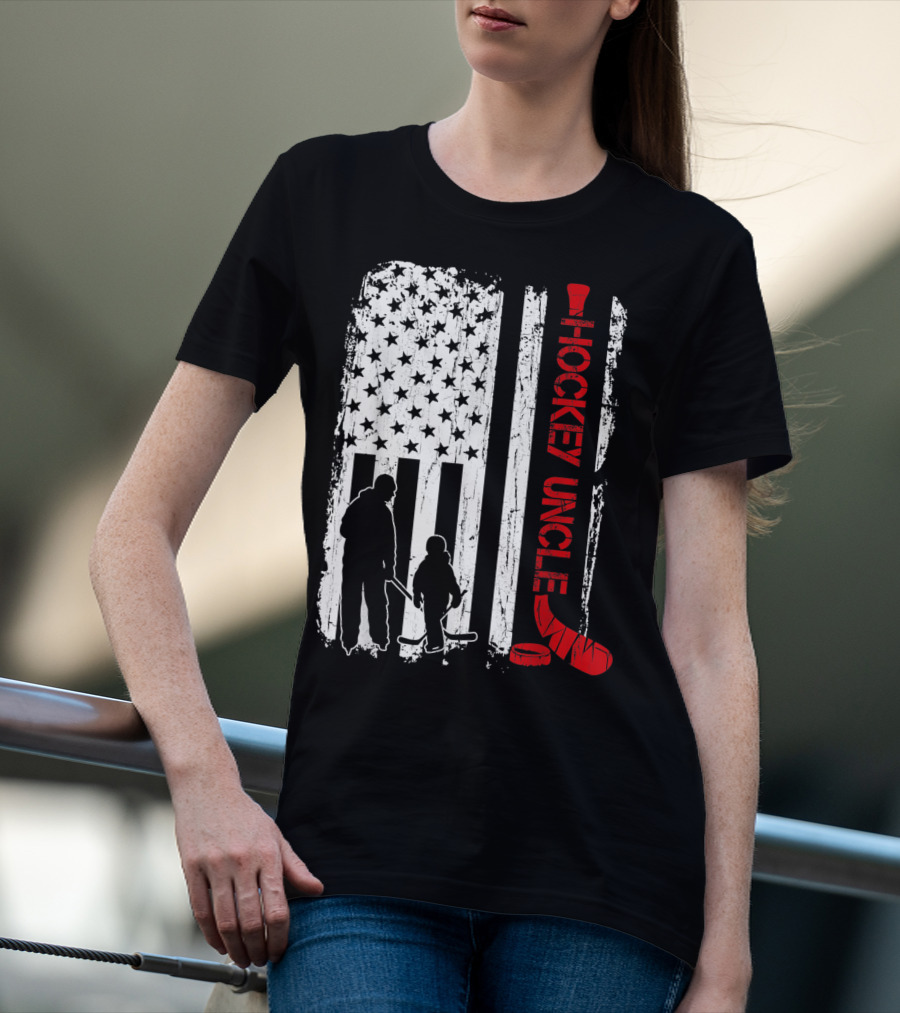 Hockey Uncle American Flag Silhouette With Stick And Player T-Shirt