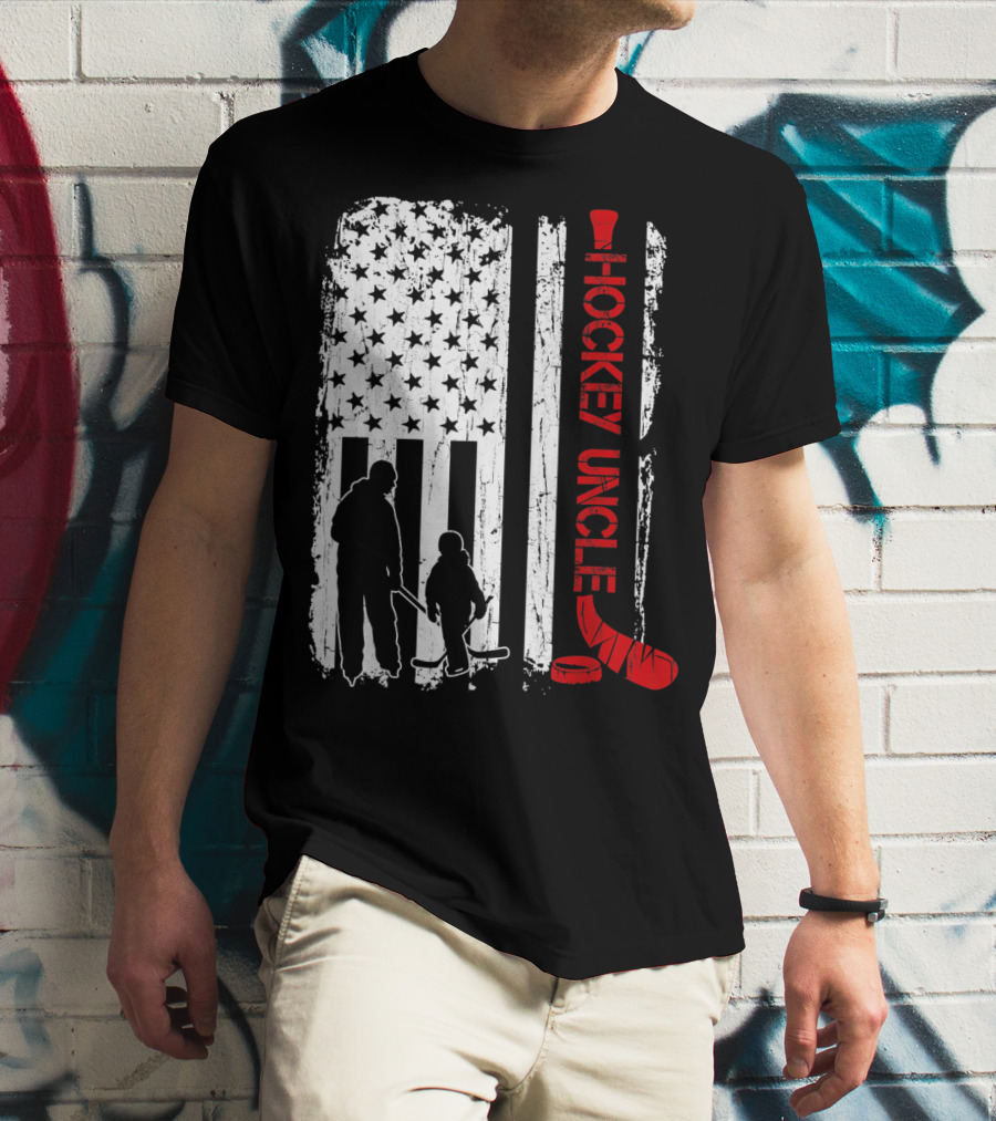 Hockey Uncle American Flag Silhouette With Stick And Player T-Shirt
