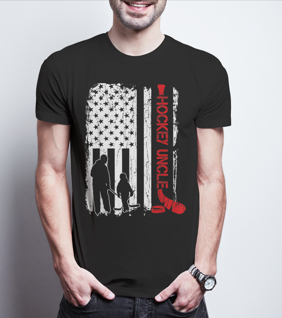 Hockey Uncle American Flag Silhouette With Stick And Player T-Shirt