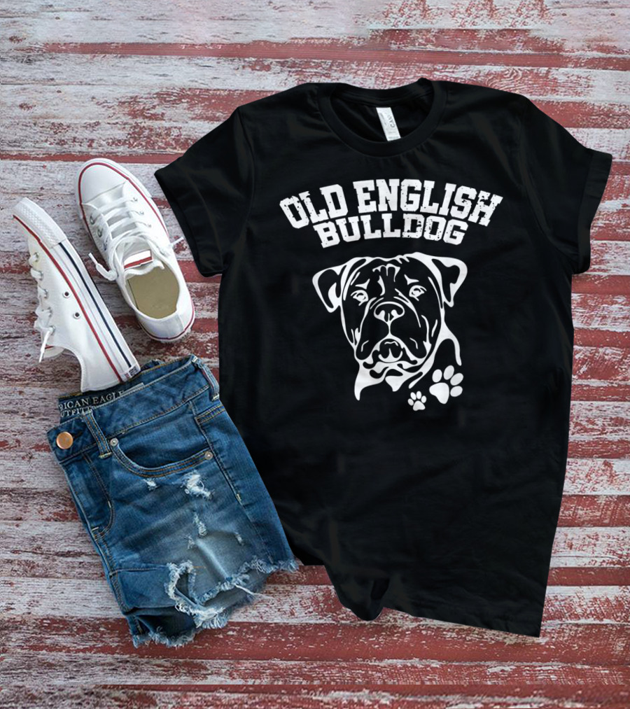 Old English Bulldog Illustration With Text And Paw Prints T-Shirt