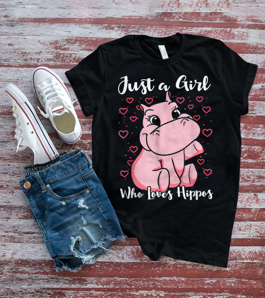 Just A Girl Who Loves Hippos Cute Animal Pink Hearts T-Shirt
