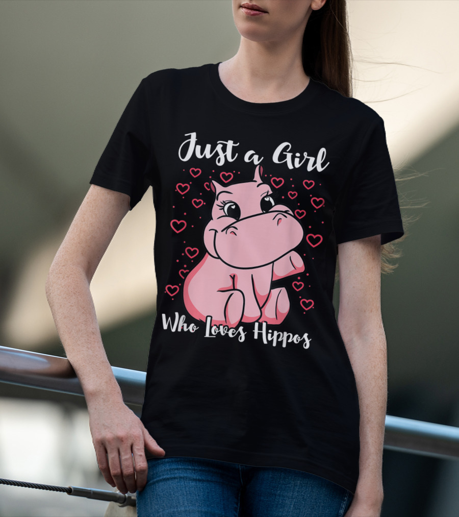 Just A Girl Who Loves Hippos Cute Animal Pink Hearts T-Shirt