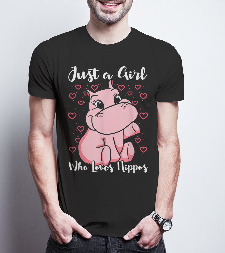 Just A Girl Who Loves Hippos Cute Animal Pink Hearts T-Shirt
