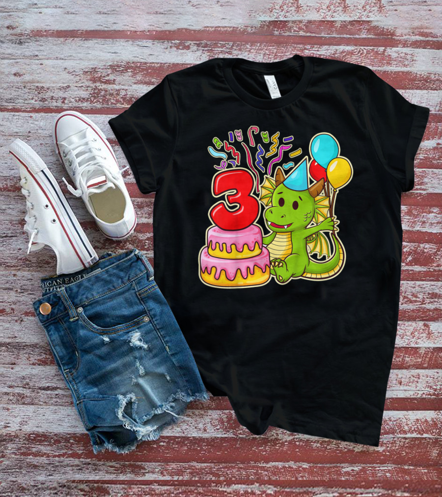 Kids 3rd Birthday Dragon Party Cake Balloons Confetti 3 Year Old T-Shirt