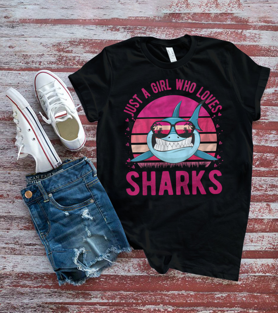 Just A Girl Who Loves Sharks Retro Sunset T-Shirt