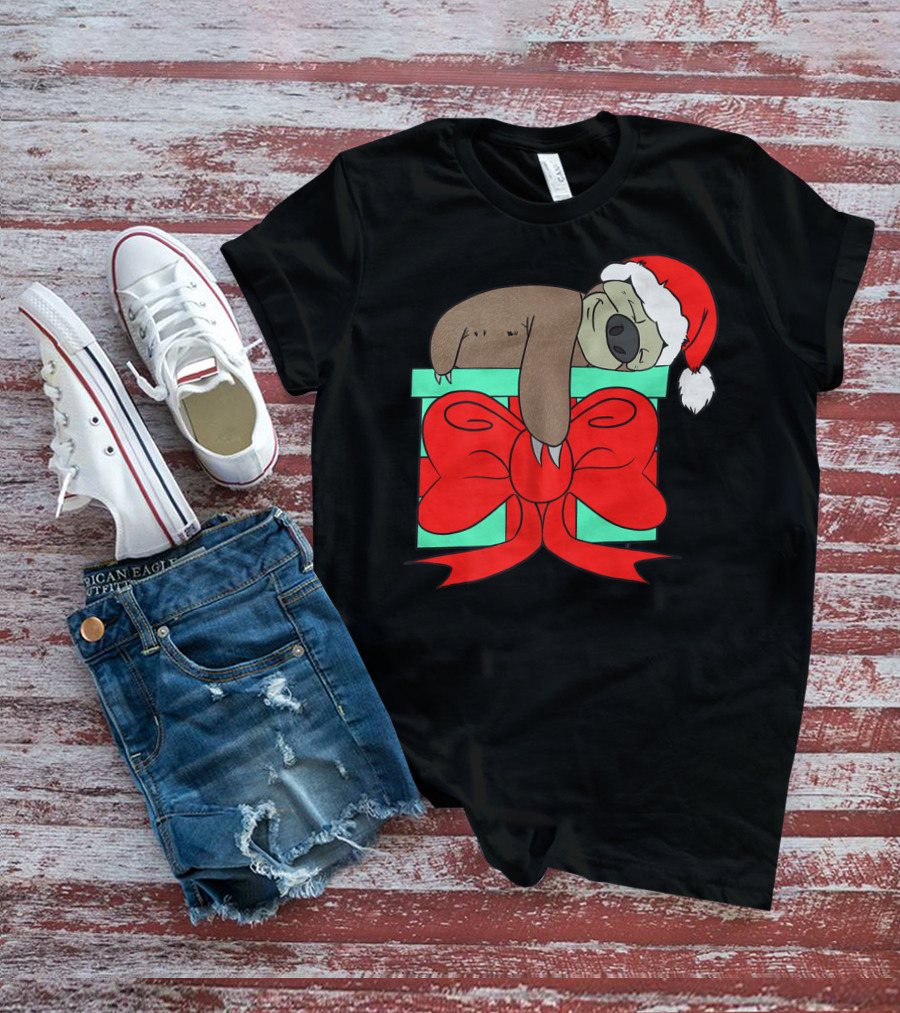 Lazy Christmas Sloth With Santa Hat And Gift Box Cute Funny Love It T-Shirt
