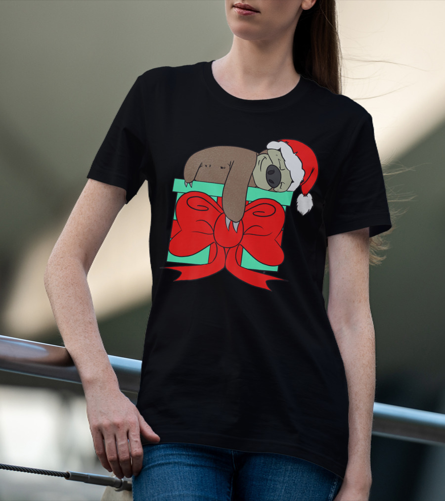 Lazy Christmas Sloth With Santa Hat And Gift Box Cute Funny Love It T-Shirt