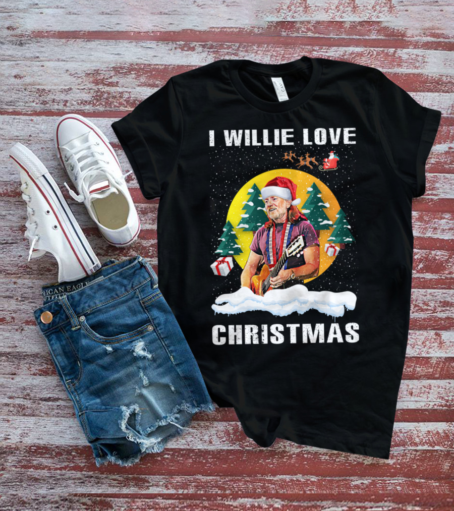 I Willie Love Christmas Santa Hat Guitar Snow Scene T-Shirt