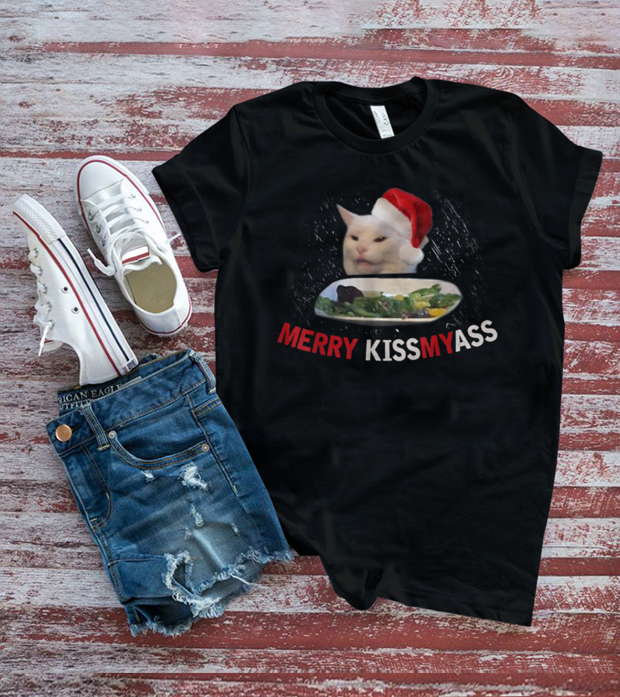 Merry Kissmyass Smudge Cat Funny Xmas Family Santa Hat T-Shirt