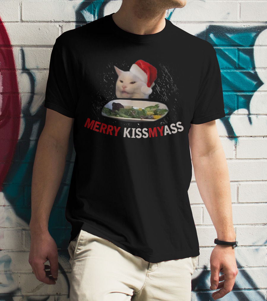 Merry Kissmyass Smudge Cat Funny Xmas Family Santa Hat T-Shirt
