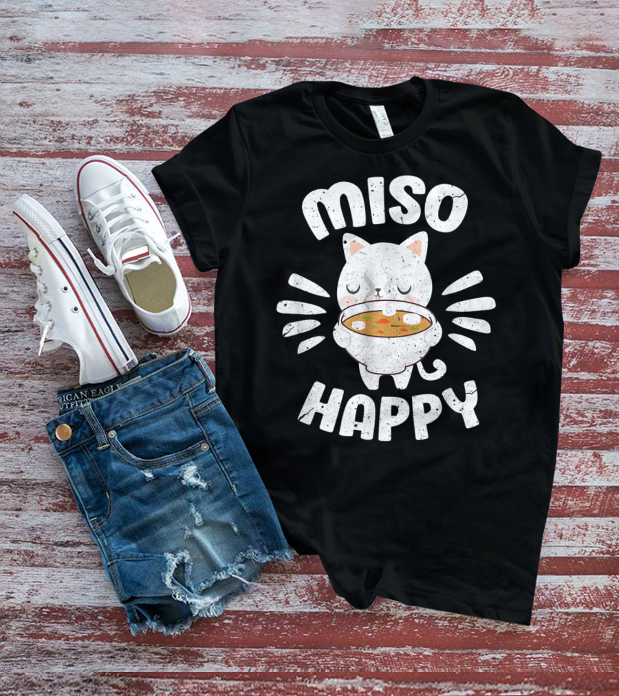 Miso Happy Japanese Cat Holding Soup Bowl Food Pun T-Shirt