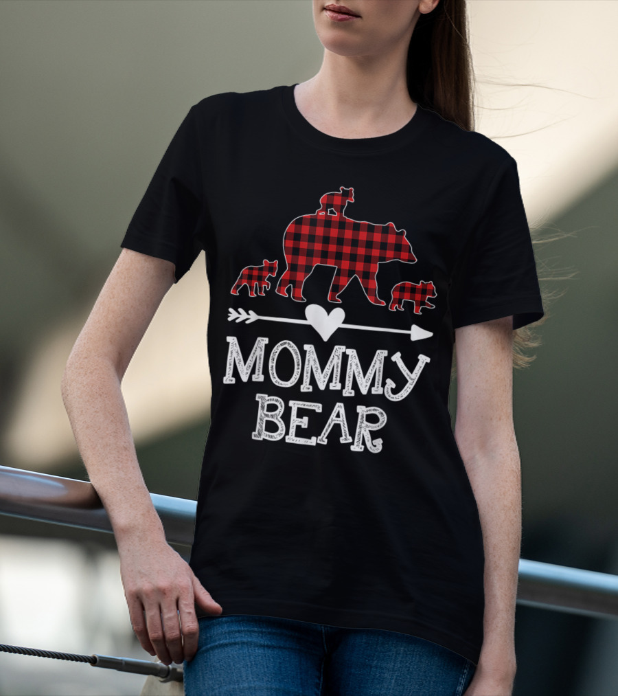 Mommy Bear Red Plaid Three Cubs Heart Arrow T-Shirt