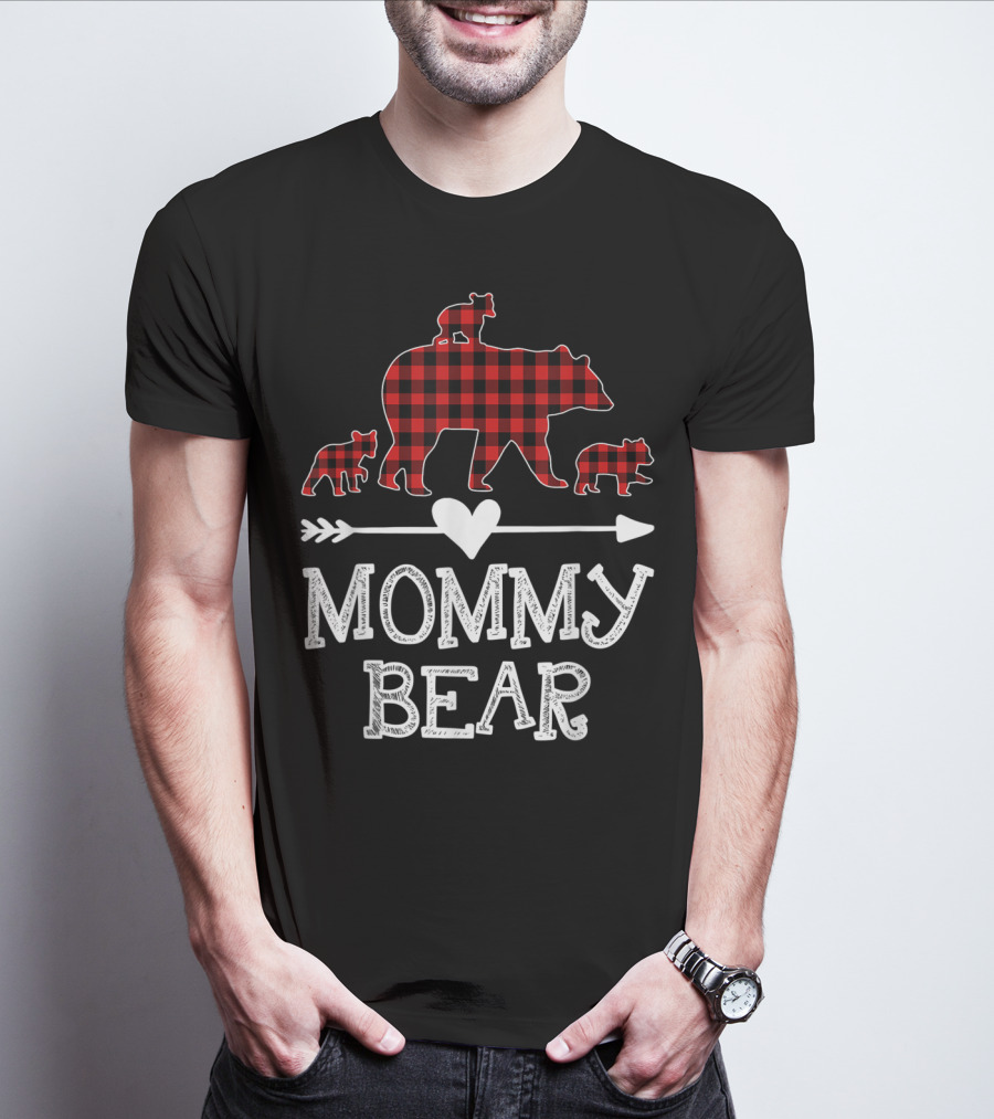 Mommy Bear Red Plaid Three Cubs Heart Arrow T-Shirt