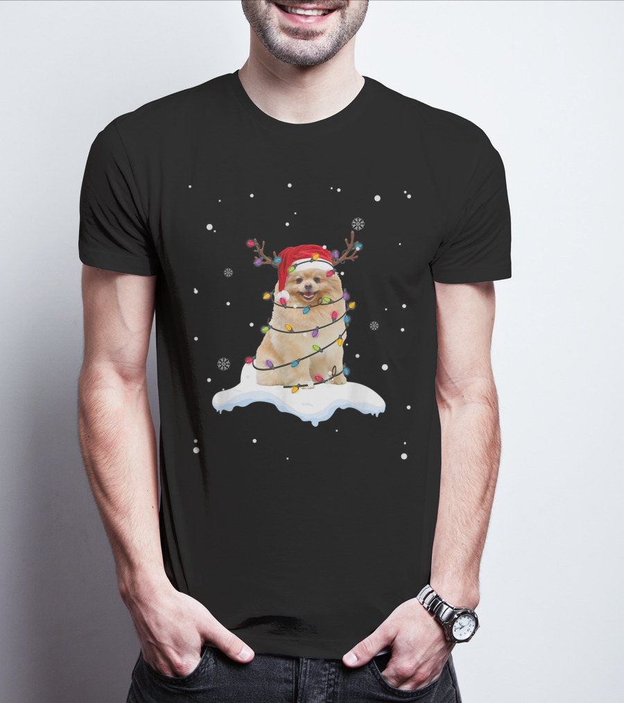 Pomeranian Santa Hat Wrapped In Christmas Lights With Reindeer Antlers And Snowflakes T-Shirt