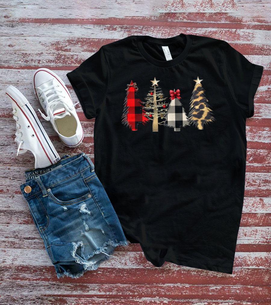 Red Plaid Black White Gold Leopard Christmas Trees T-Shirt