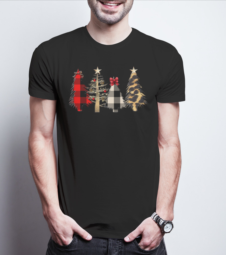 Red Plaid Black White Gold Leopard Christmas Trees T-Shirt