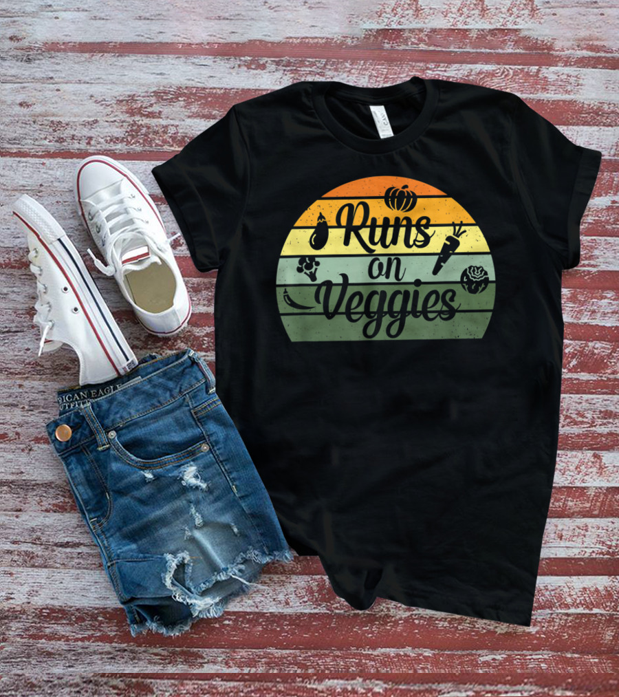 Runs On Veggies Retro Vintage Style Vegetarian Vegan T-Shirt