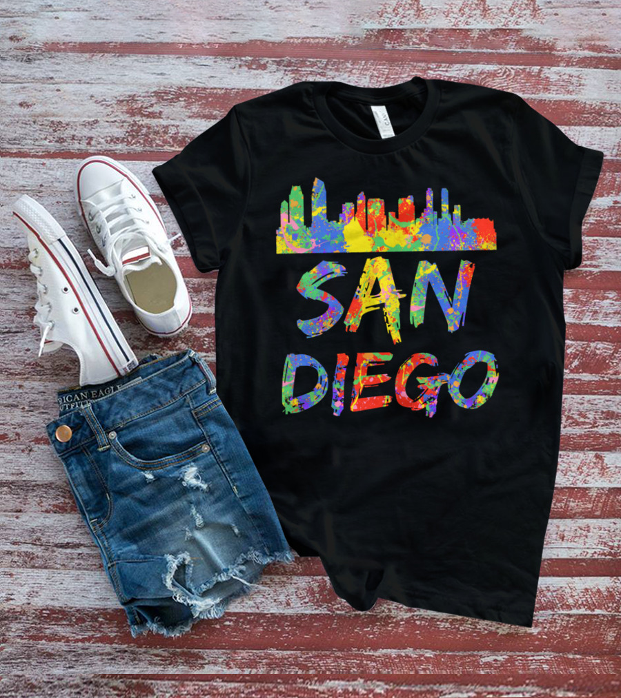 San Diego Rainbow Skyline Cali City Vibrant Text T-Shirt