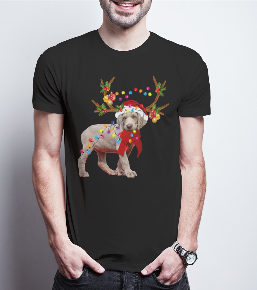 Santa Weimaraner Reindeer Christmas Lights T-Shirt