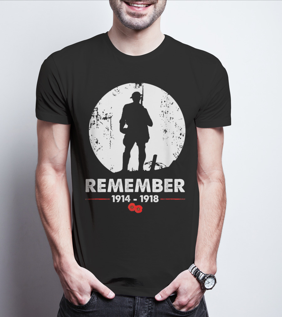 World War 1 Remember 1914-1918 Soldier Silhouette With Poppies T-Shirt