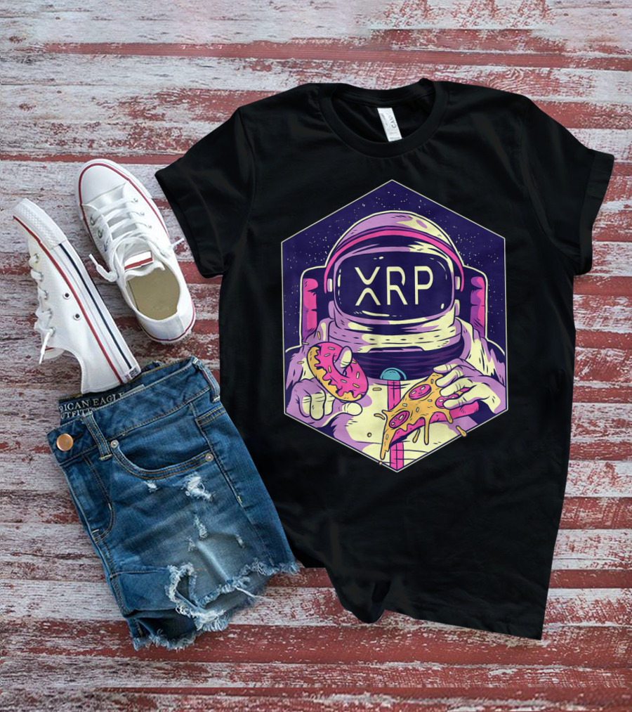 XRP Symbol Astronaut Eating Pizza And Donut Crypto Currency To The Moon T-Shirt