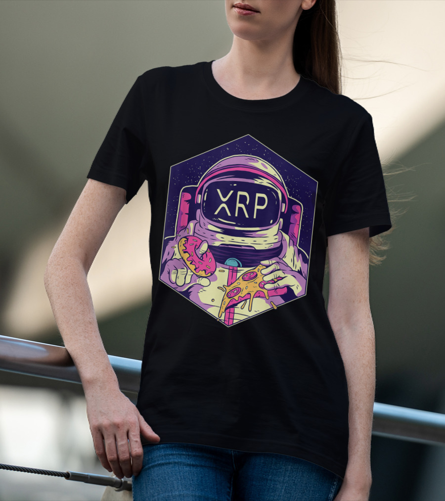 XRP Symbol Astronaut Eating Pizza And Donut Crypto Currency To The Moon T-Shirt