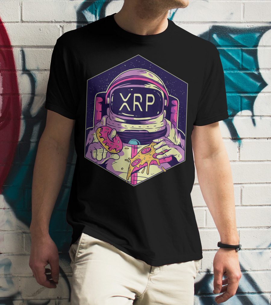 XRP Symbol Astronaut Eating Pizza And Donut Crypto Currency To The Moon T-Shirt