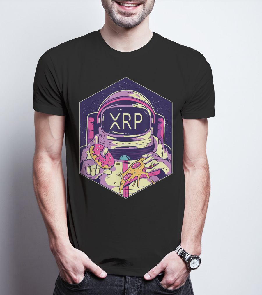 XRP Symbol Astronaut Eating Pizza And Donut Crypto Currency To The Moon T-Shirt