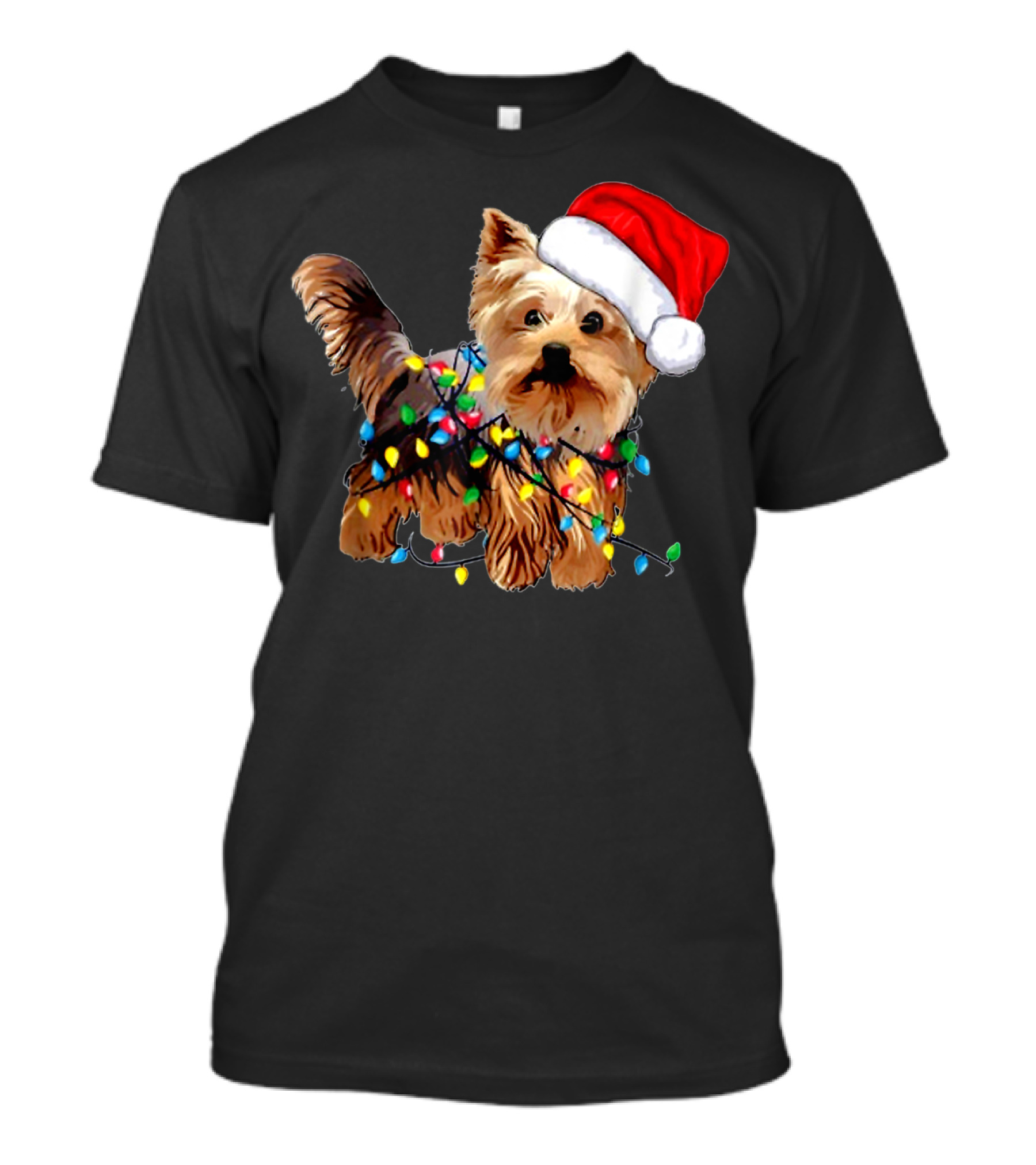 Yorkie Christmas Lights Santa Hat T-Shirt