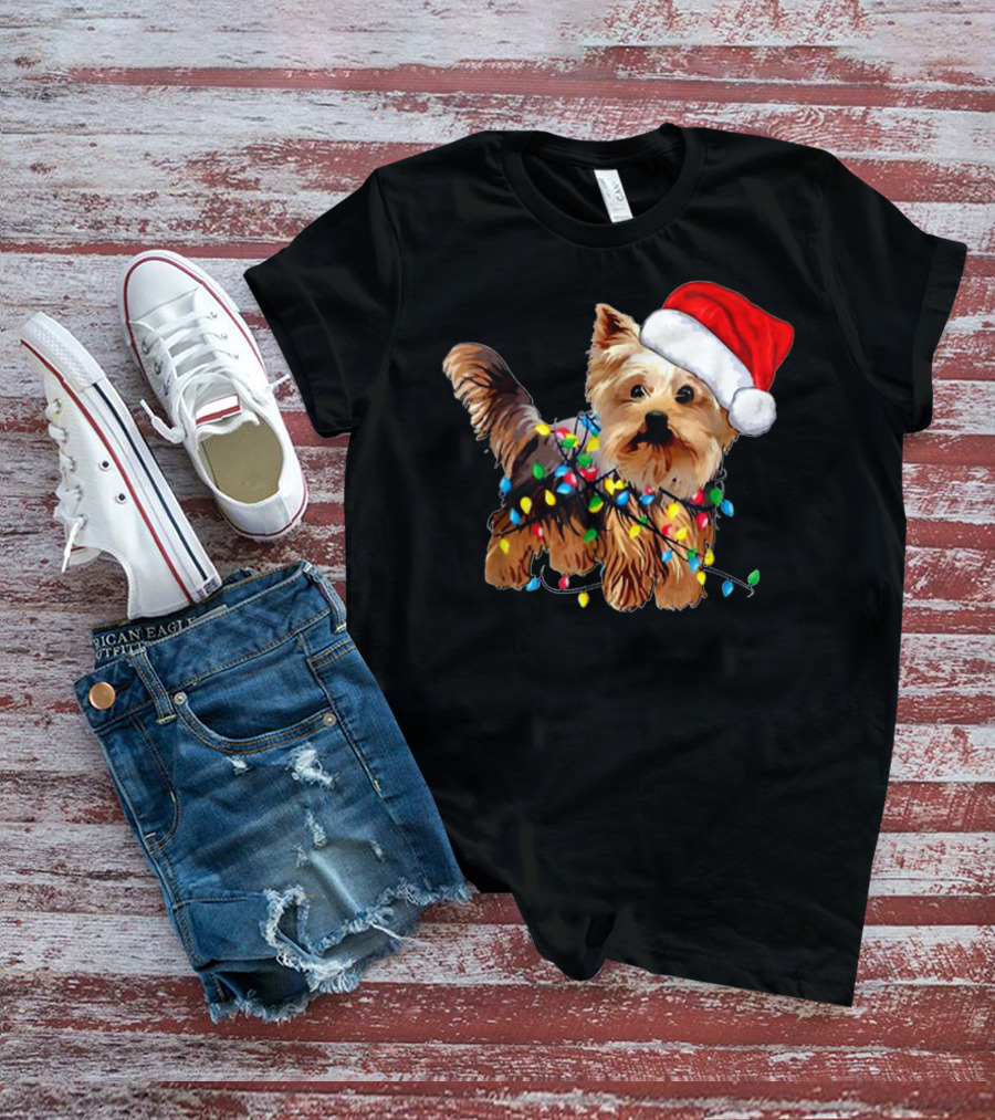 Yorkie Christmas Lights Santa Hat T-Shirt
